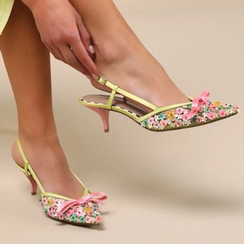 Betsey Johnson Witney Lime Floral Slingback Kitten Heels 8.5 Bow Whimsical Party